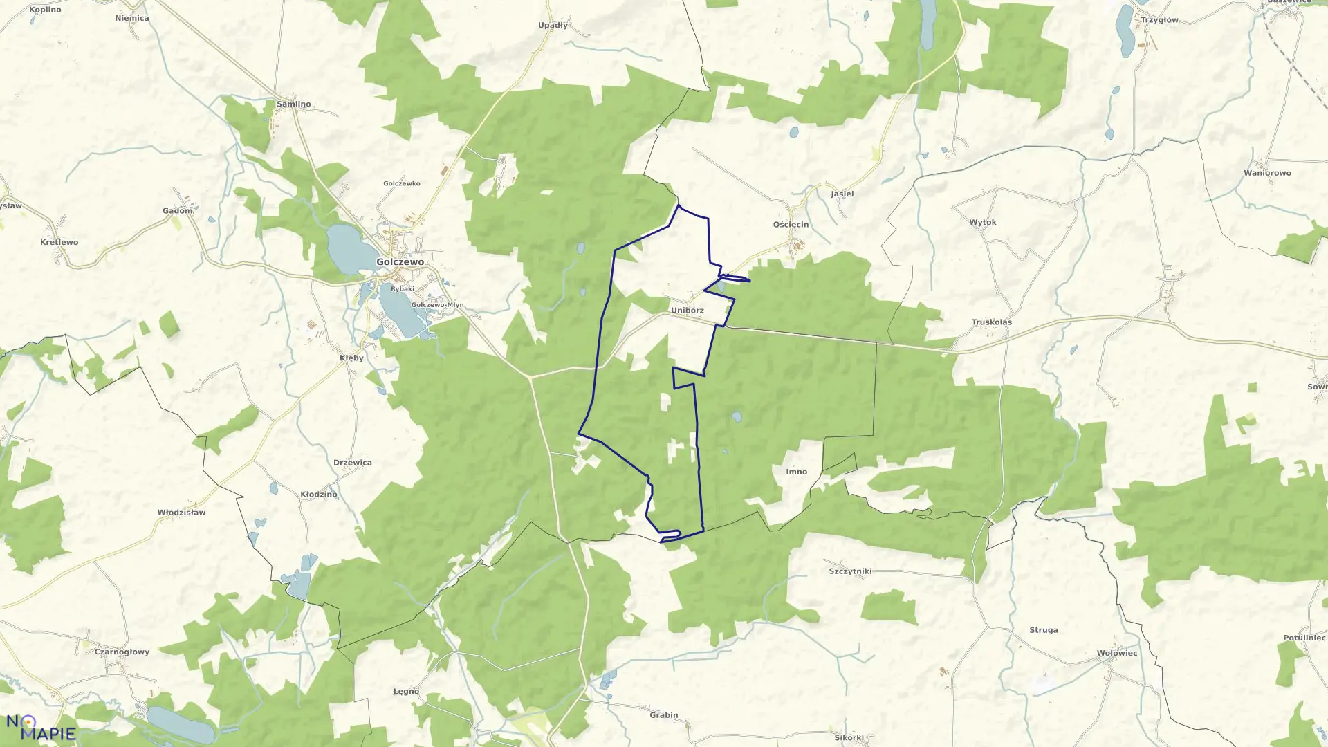 Mapa obrębu Unibórz w gminie Golczewo