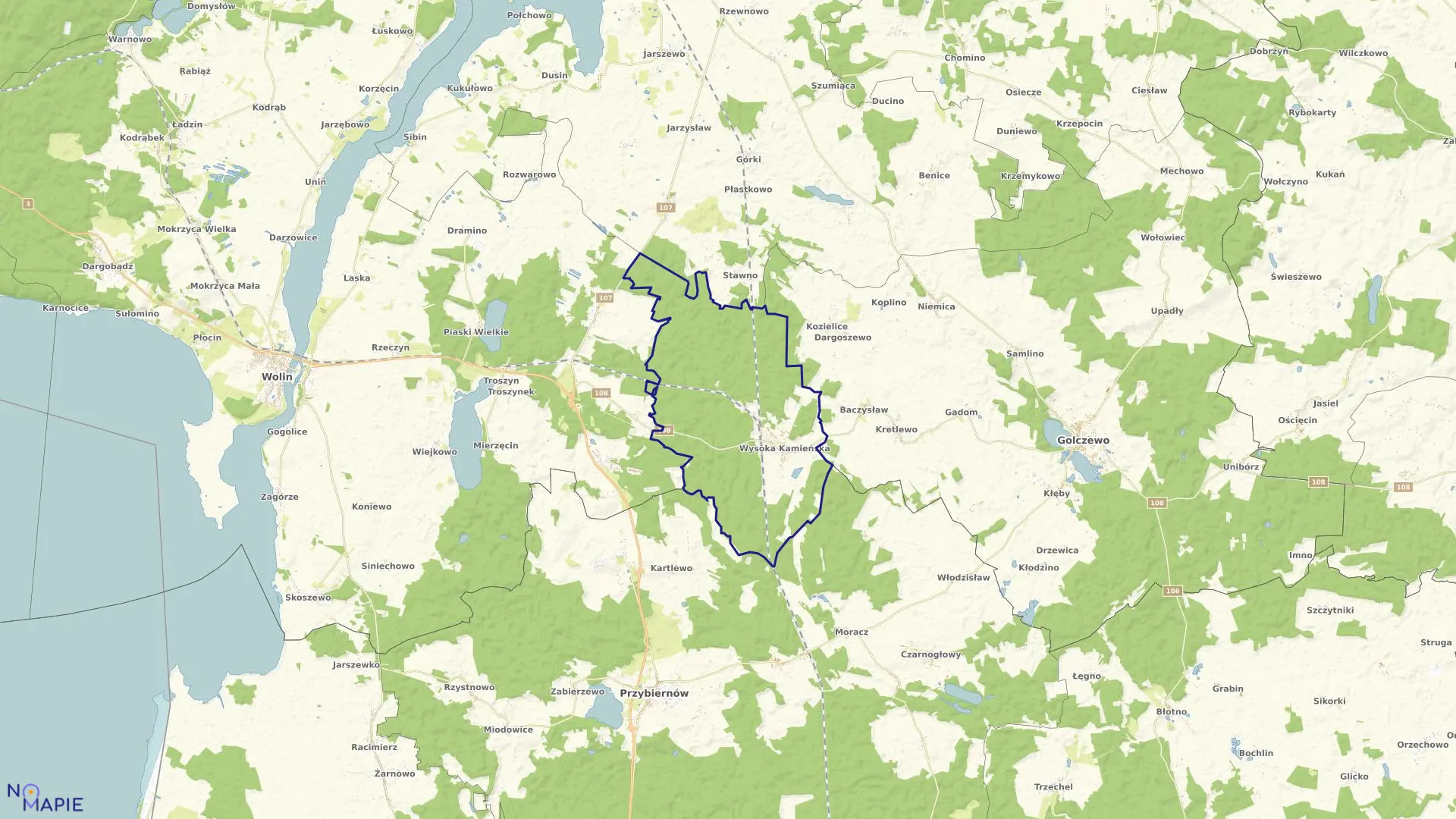 Mapa obrębu Wysoka Kamieńska w gminie Golczewo